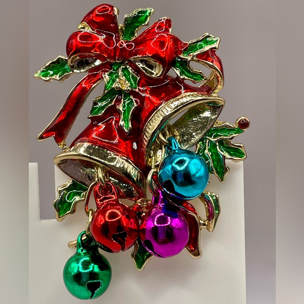 Vintage Red & Gold Enamel Bell Brooch Pin with Red Bow, Holly Leaves, and Beads